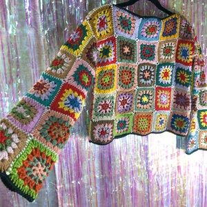 Rainbow Patchwork Handmade Crochet Sweater Crop